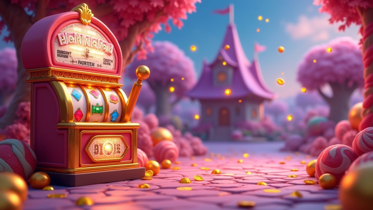Máquina tragamonedas animada de 5 carretes con casita de dulces y monedas brillantes