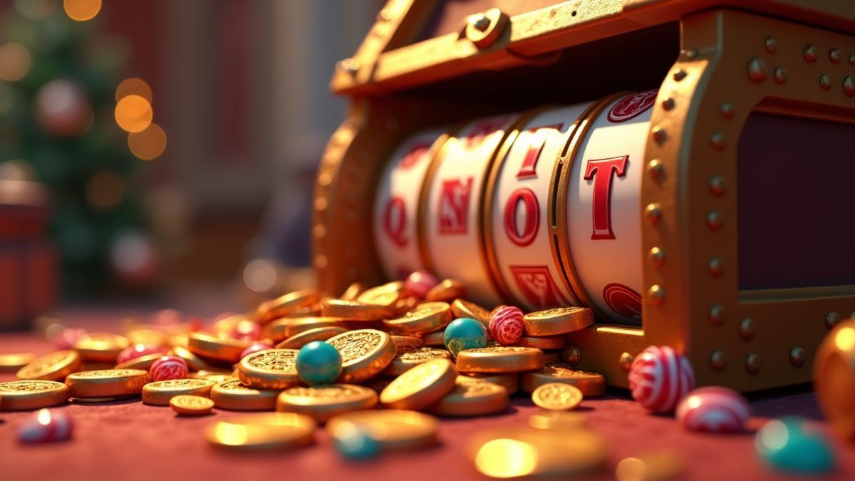 Primer plano animado de un cofre del tesoro y carretes de tragamonedas con monedas en el aire
