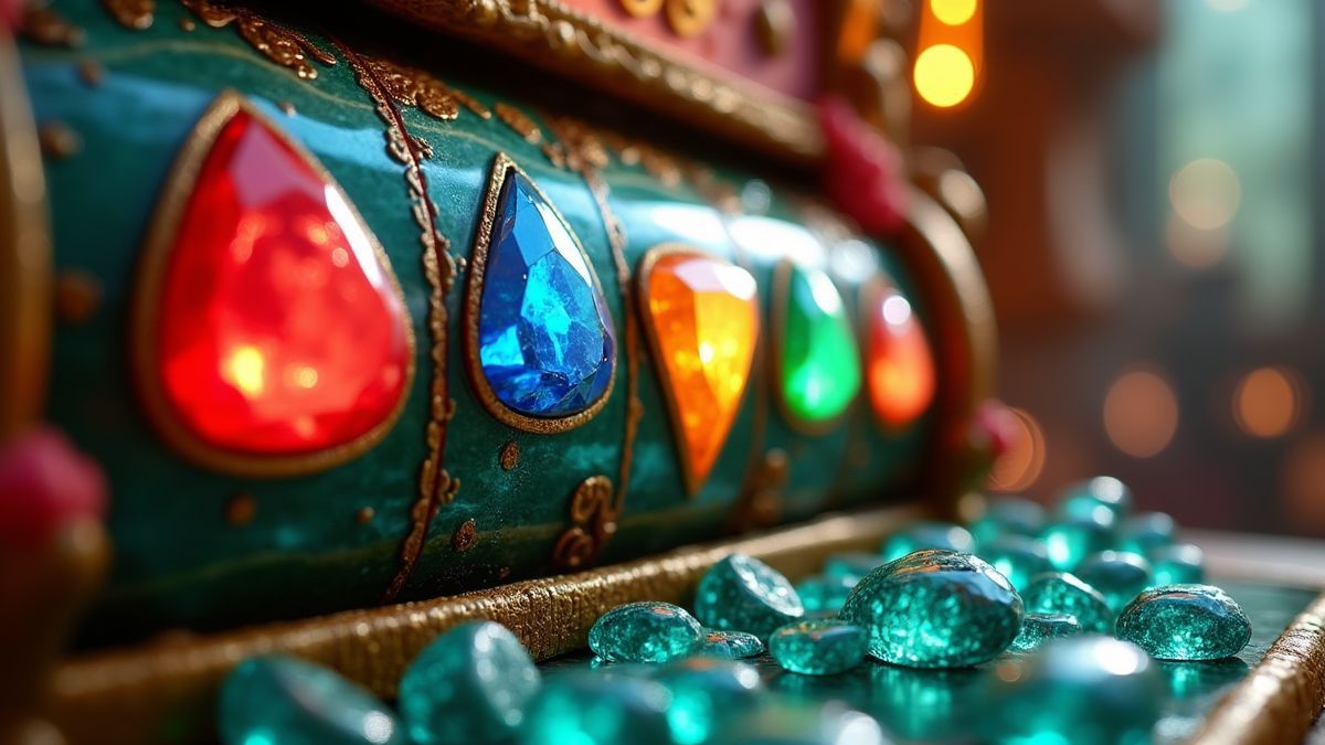 Pixar-style animation close-up of a jewel-themed slot machine with diamonds spilling out