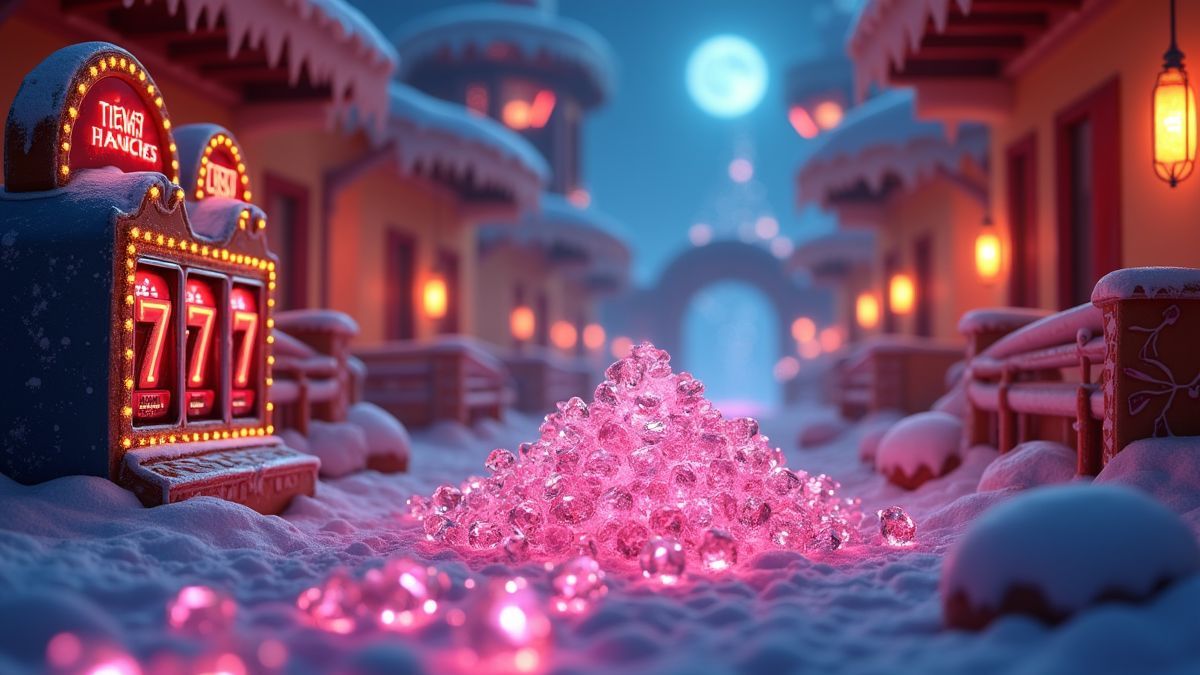 Pixar-style treasure trail leading to a glowing diamond pile next to slot reels
