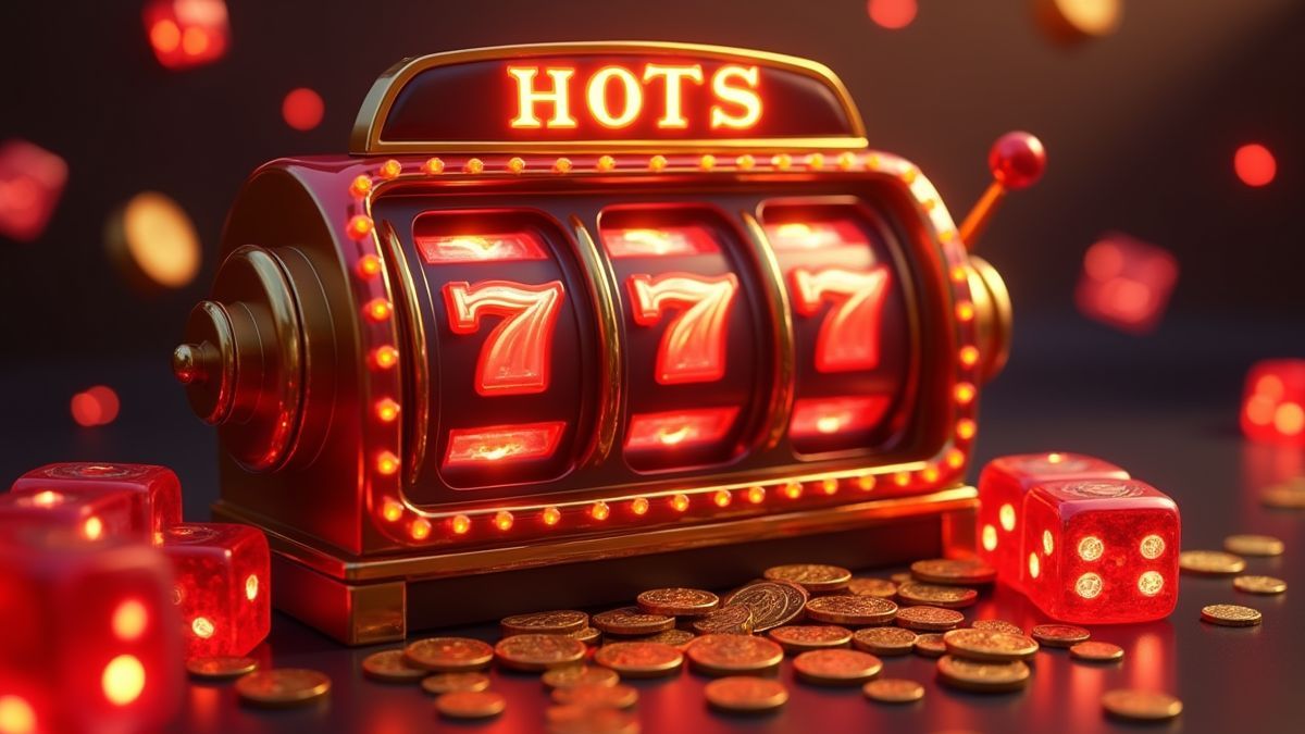 Animated hot dice slot machine with glowing reels and coins
