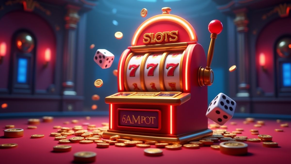 Animated jackpot slot machine with dice and glowing coins