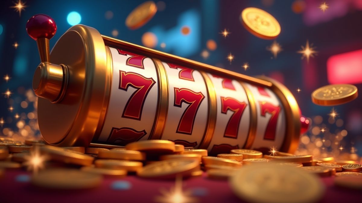 Animated progressive slot machine with gold coins and jackpot lighting