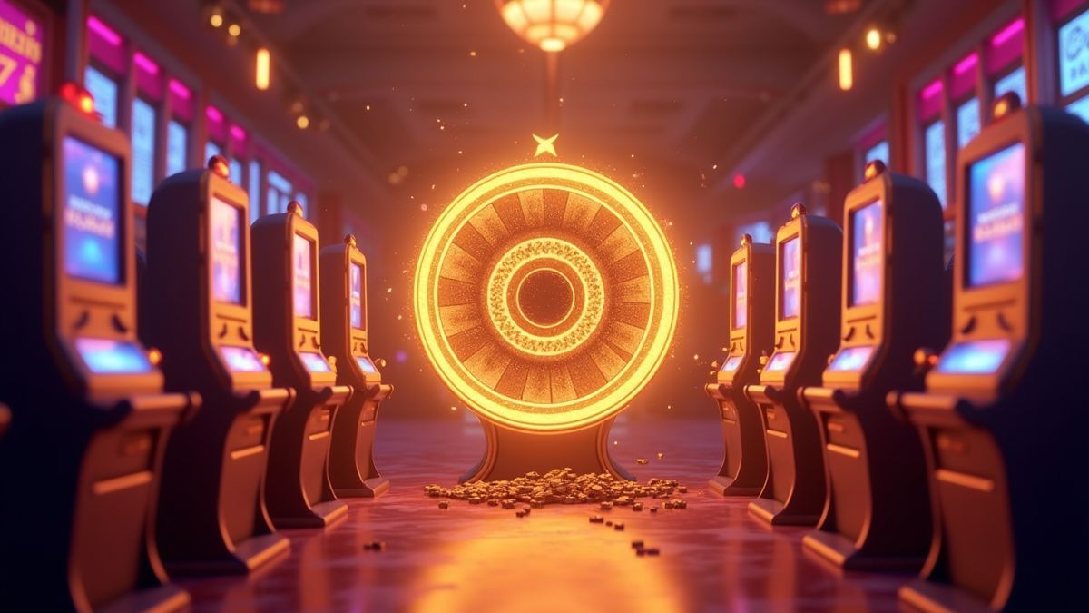 Pixar-stijl geanimeerde rij gokkasten met een gloeiend gouden bonuswiel