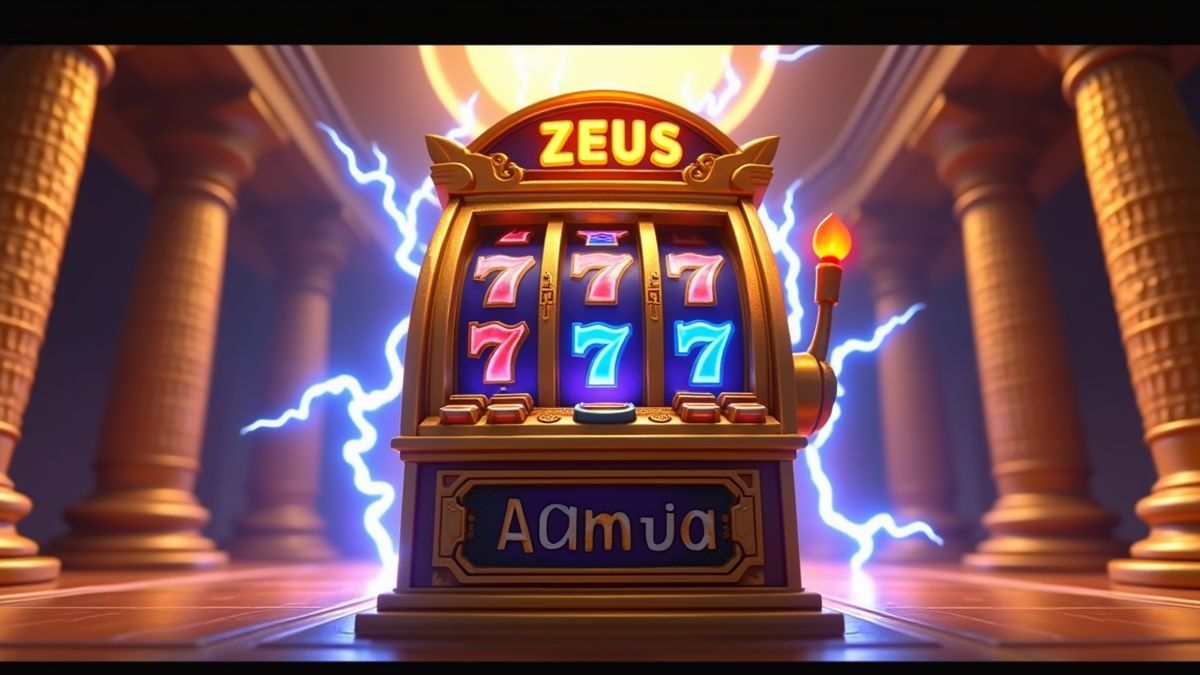 Animated Zeus-themed Lightning God slot machine surrounded by blue lightning