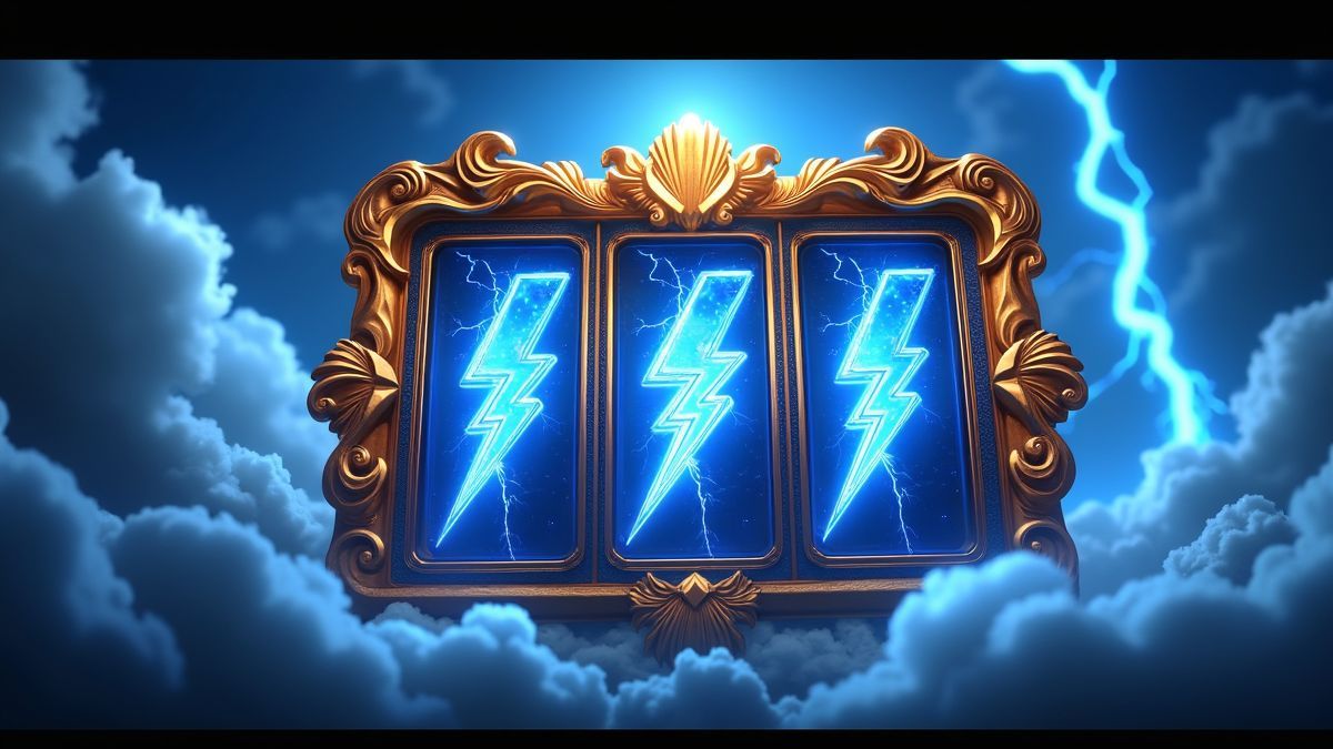 Animated Zeus-themed Lightning God slot machine surrounded by blue lightning