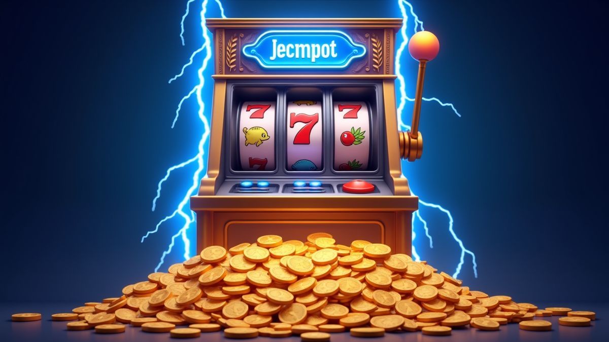 Animated progressive jackpot slot cabinet with Greek lightning and gold details