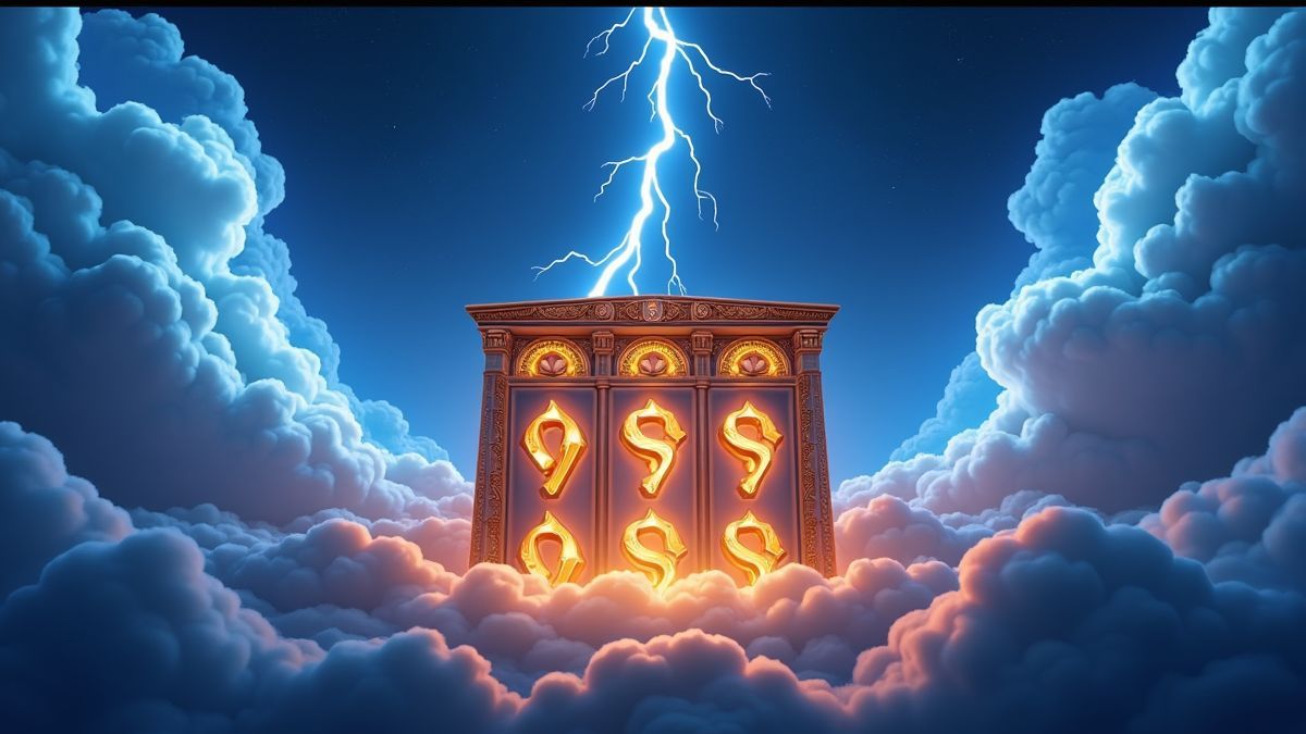Animated Zeus-themed Lightning God slot machine with electric blue and gold lighting