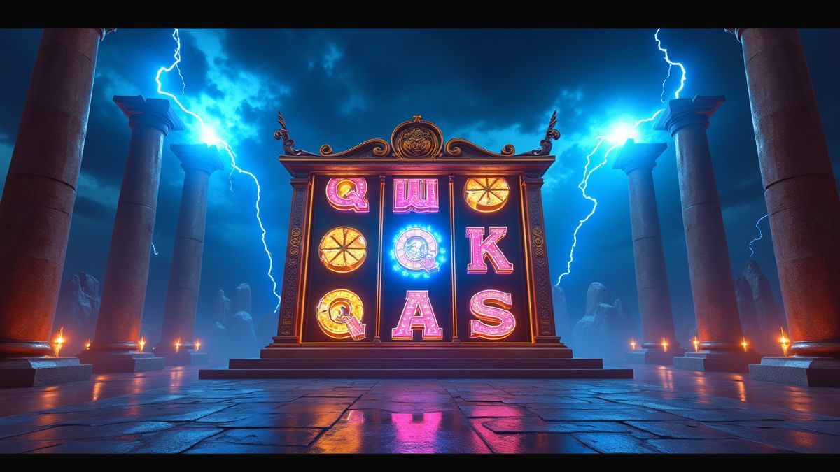 Animated Zeus-themed slot machine with blue lightning and a glowing jackpot meter
