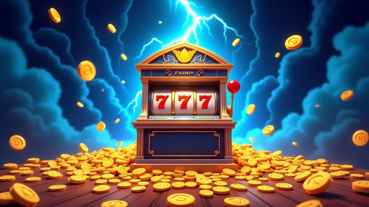 Animated jackpot slot cabinet surrounded by golden coins and blue lightning
