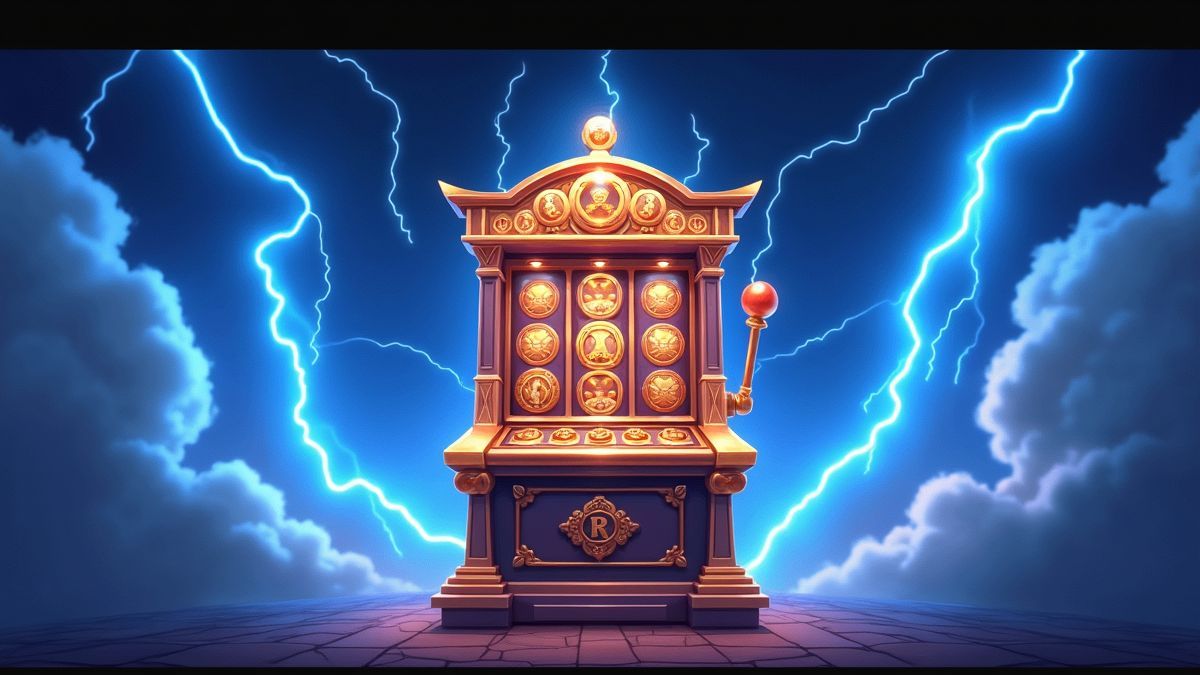 Animated Zeus-themed slot machine surrounded by blue lightning
