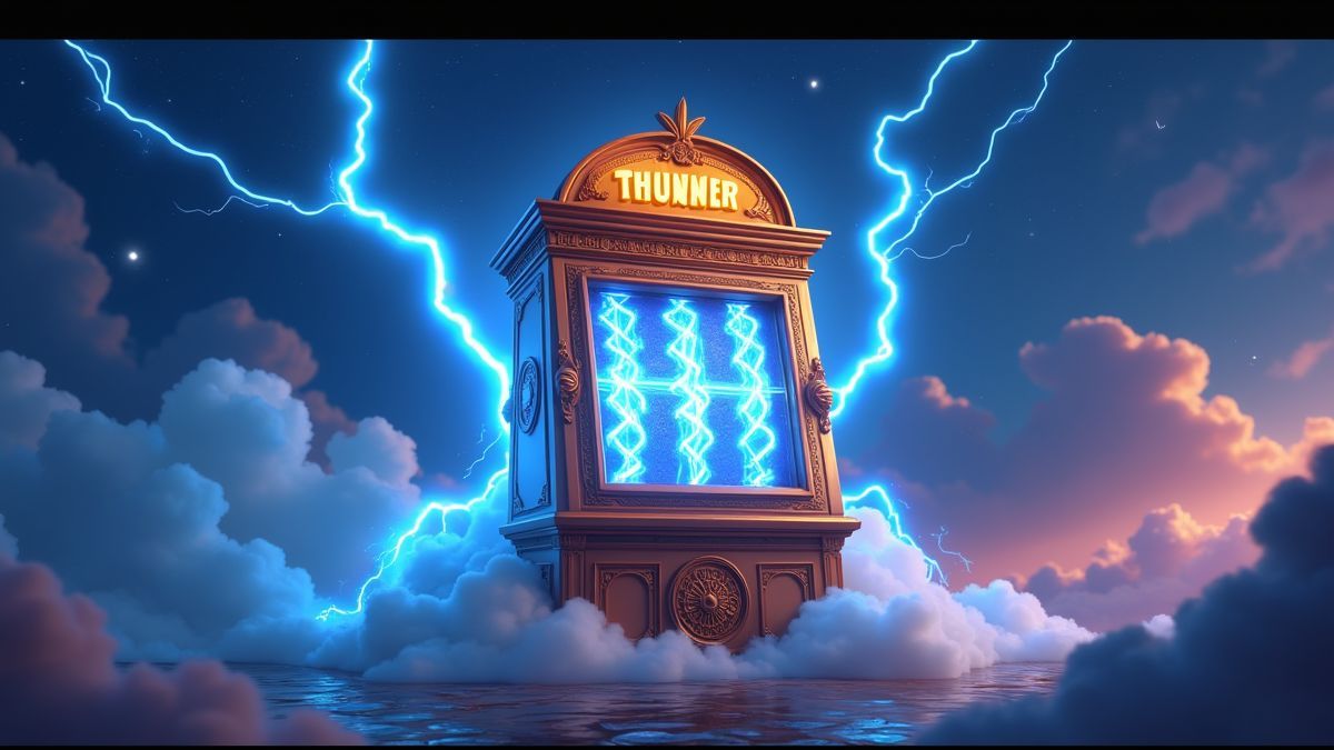 Animated Zeus-themed Lightning God slot machine with blue lightning and a glowing jackpot atmosphere