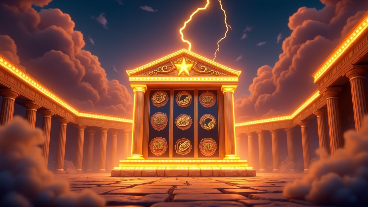 Animated Greek temple slot machine surrounded by golden lightning