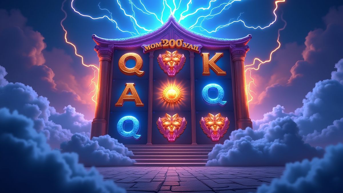 Animated Lightning God slot machine surrounded by blue lightning and golden clouds
