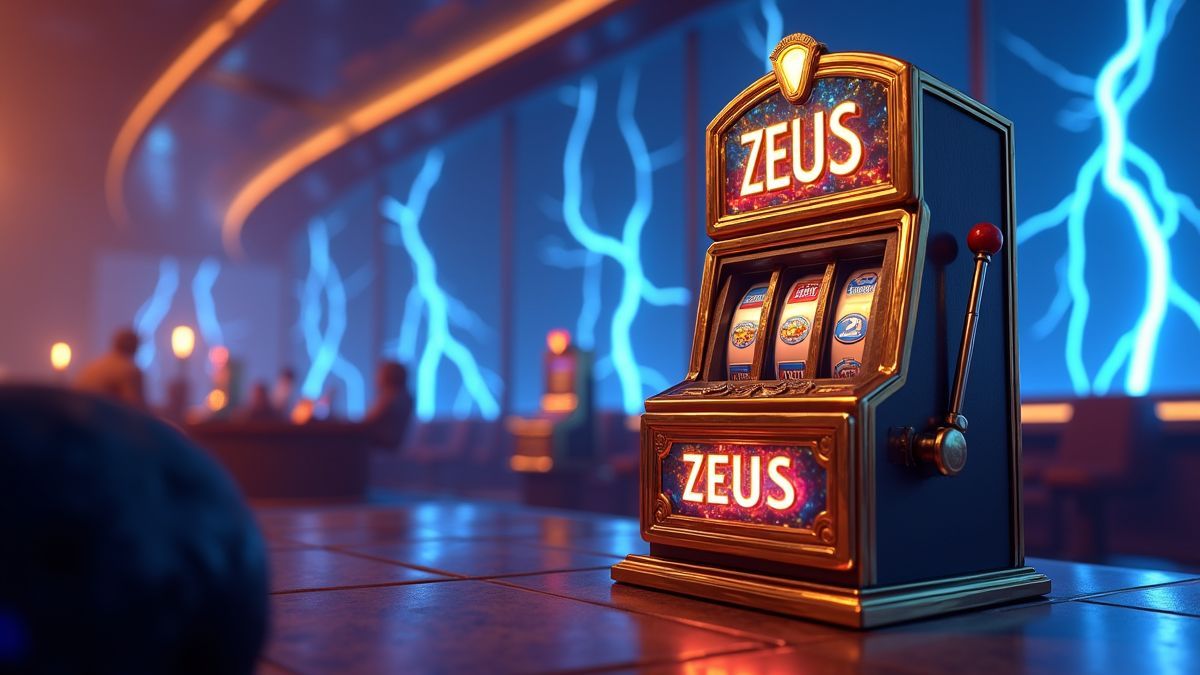 Animated Zeus-themed slot machine glowing with blue lightning