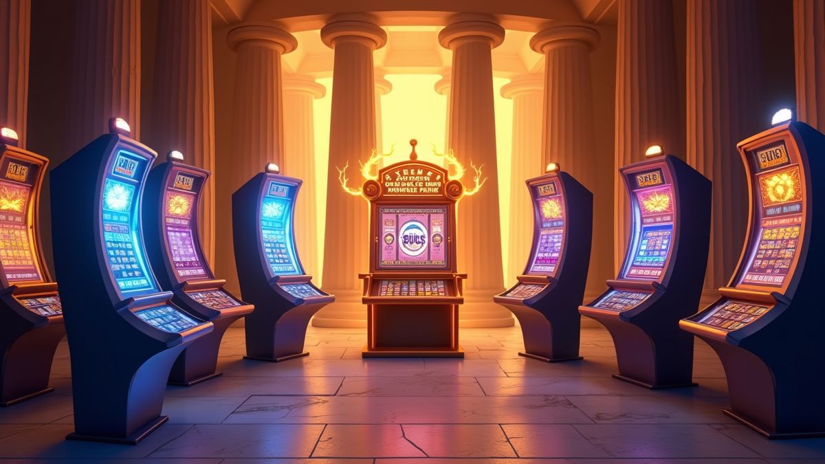 Animated Zeus temple with progressive jackpot slot machines