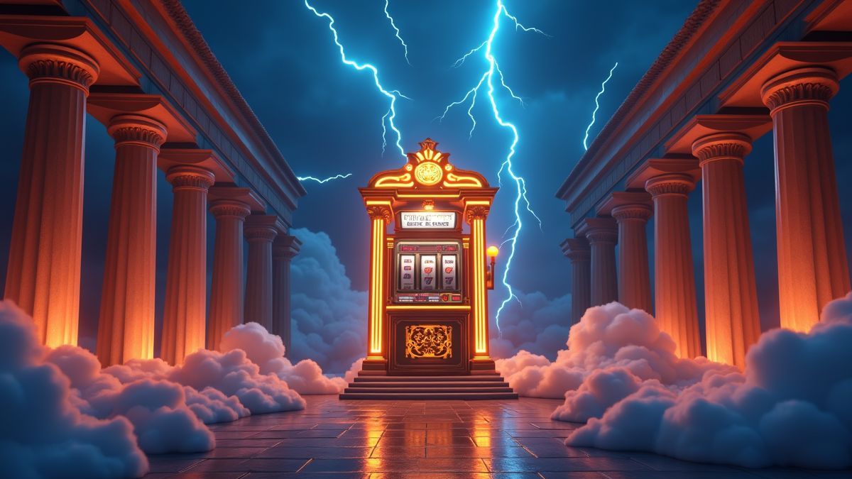 Pixar-style Greek temple slot machine surrounded by lightning