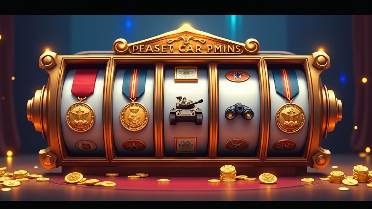 Animated military-themed Major Millions slot machine with medals, equipment and gold coins
