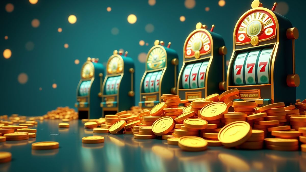 Im Pixar-Stil animierte Reihe von Spielautomaten mit großen Goldmünzen