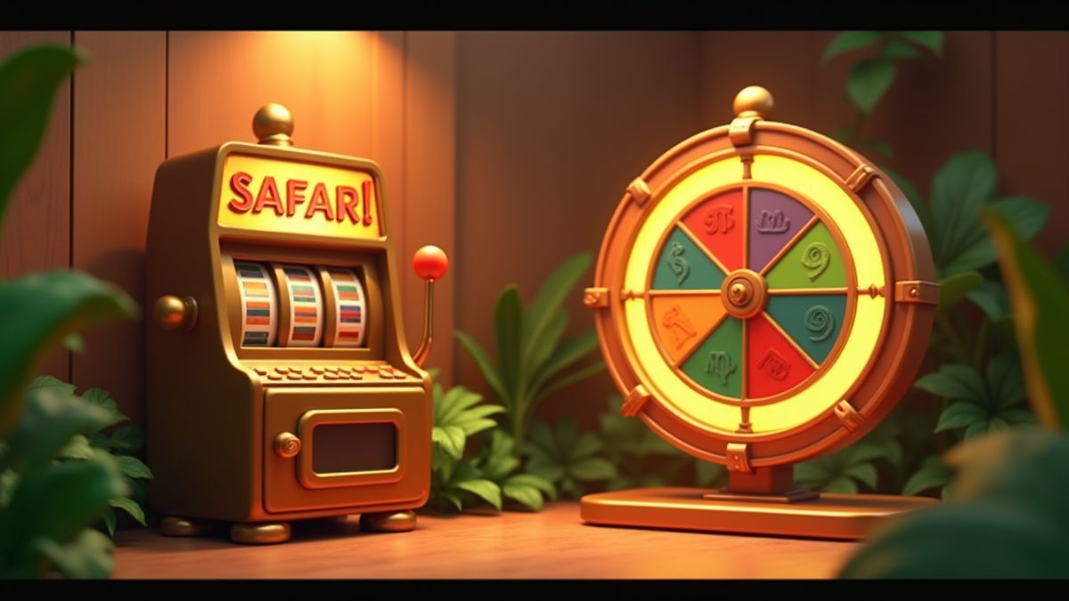 Geanimeerd jackpotrad naast een gokkast met safarithema