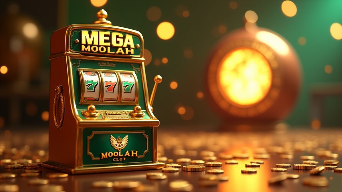 Enkele geanimeerde Mega Moolah-gokkast met een gloeiende jackpotbol op de achtergrond