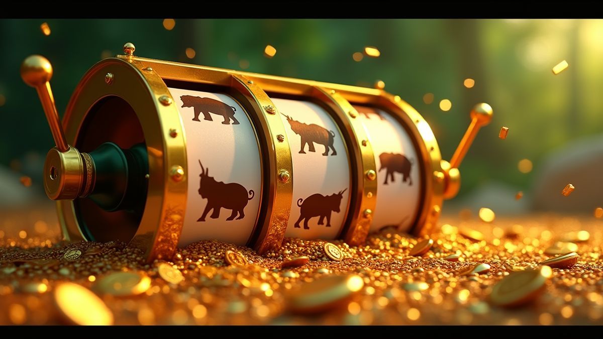 Pixar-ähnliche animierte Slot-Maschine mit Goldmünzen und stilisierten Walzensymbolen