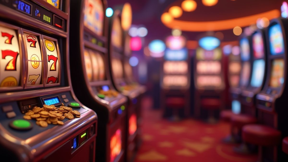 Animierte Nahaufnahme von Spielautomaten mit kleinem leuchtendem Jackpot und Münzen