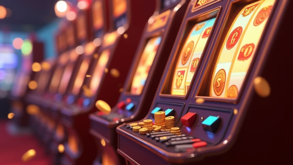 Animierte Reihe von Spielautomaten mit Münzexplosionen, die einen Mini-Jackpot anzeigen