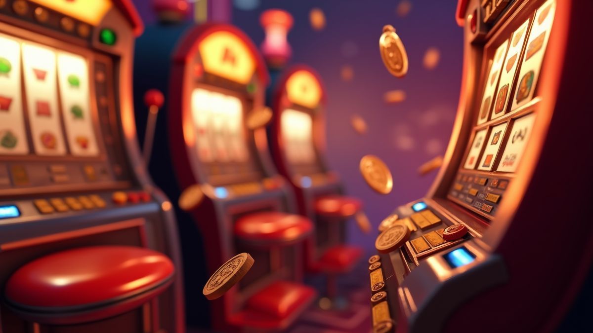 Animierte Reihe von Spielautomaten mit hervorgehobenem kleinen Jackpot-Indikator