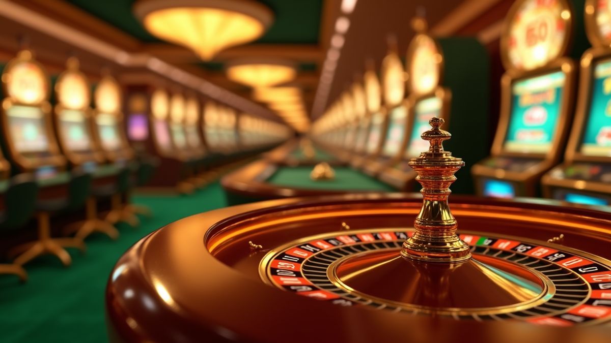 Animated Pixar-style roulette wheel and slot machine themed with gold and emerald tones