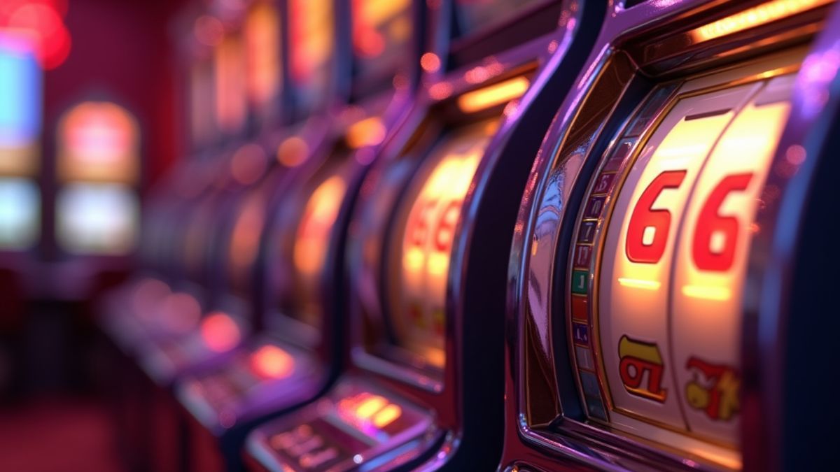 Close-up of animated slot machines with glowing jackpot lighting and a blurred roulette element