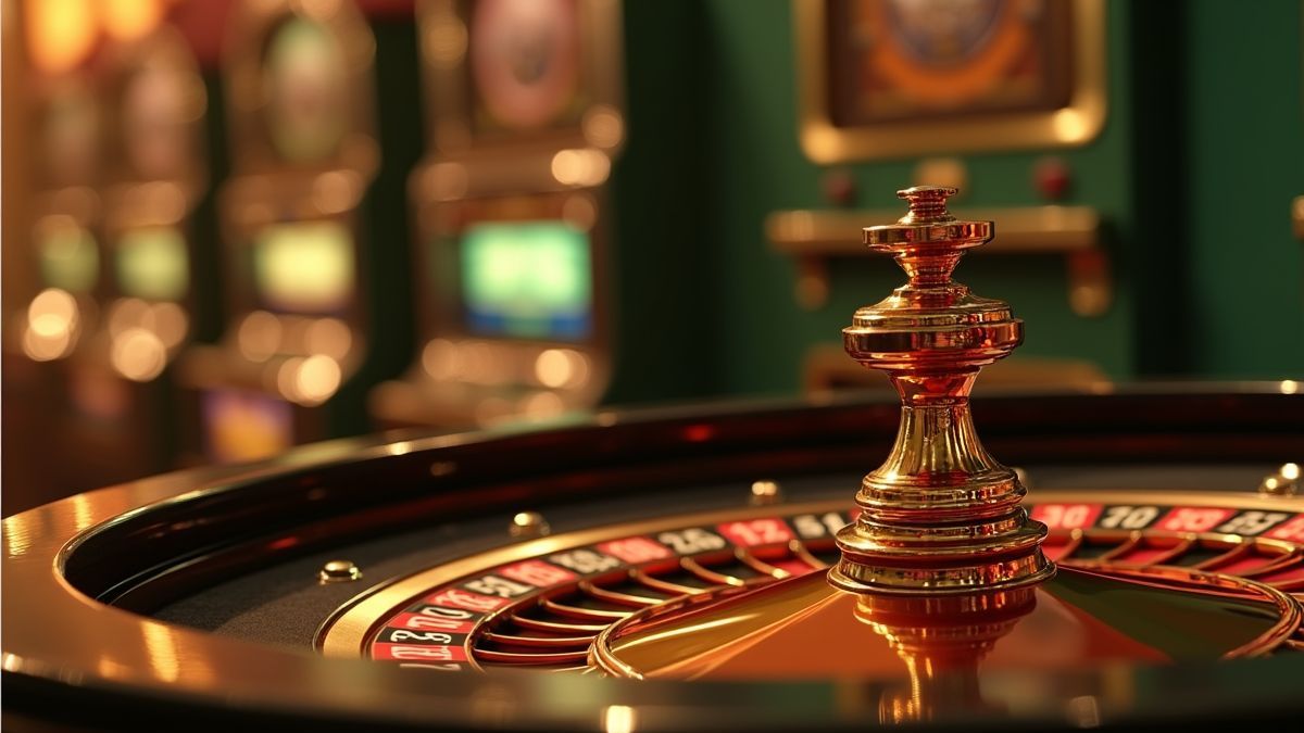 Pixar-style animation of a roulette wheel and slot machines glowing with jackpot light