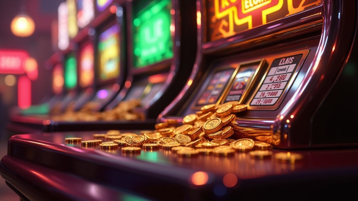 Pixar-style animation of a roulette wheel and jackpot coins beside slot machines