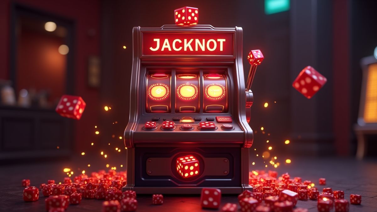 Pixar-style fantasy dice slot machine glowing in a casino