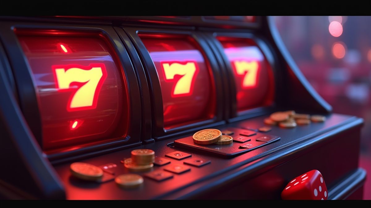 Dice-themed slot cabinet beside illuminated jackpot wheels