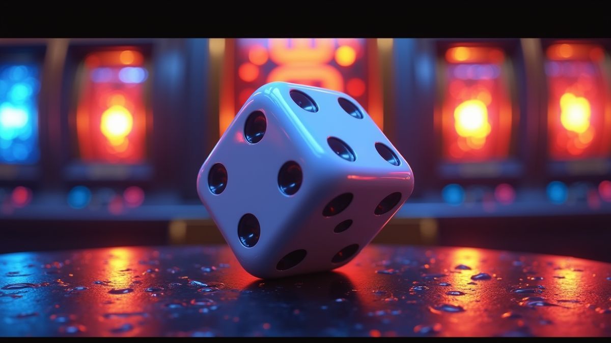 Animated dice-themed slot machine with three glowing bonus wheels