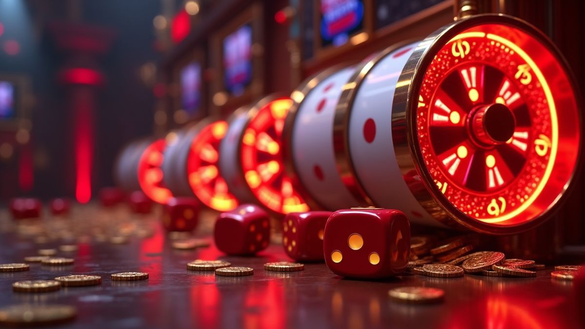 Animated dice slot machine beside illuminated jackpot wheels