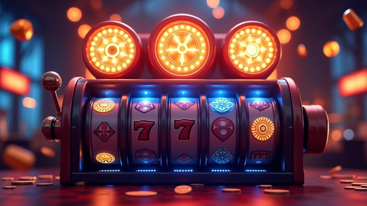 Animated Mega Spinner Dice slot machine with three glowing bonus wheels