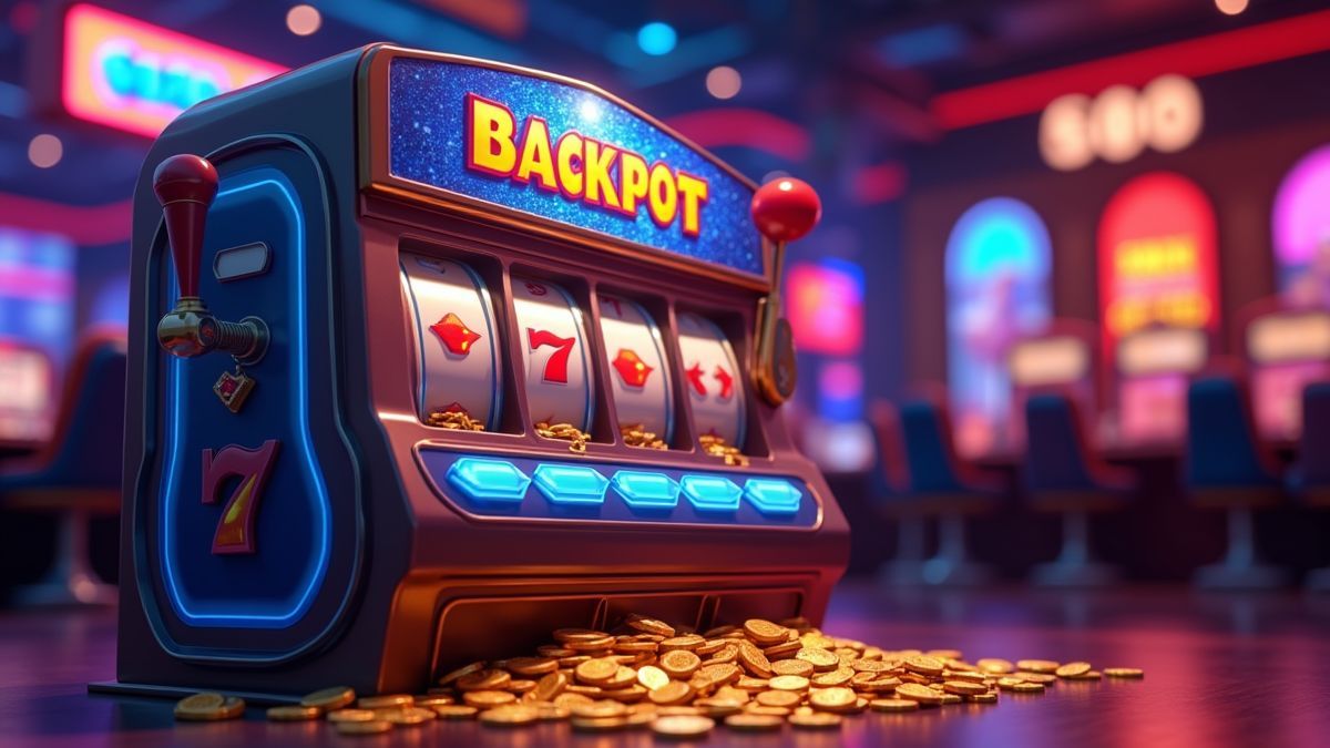 Animated dice-themed slot machine glowing in a casino