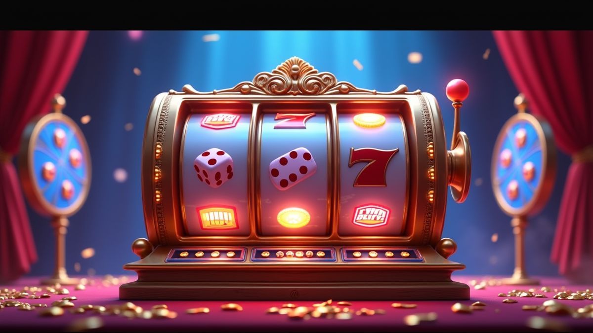 Animated Mega Spinner Dice slot machine with three glowing bonus wheels