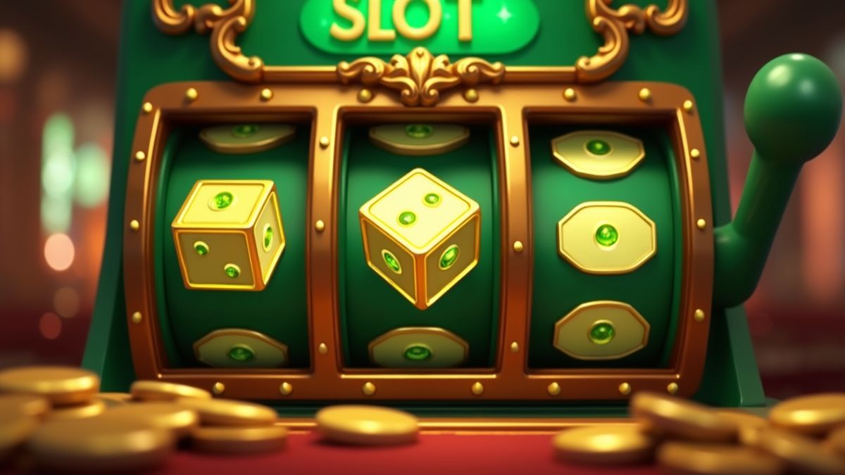 Dice-themed jackpot slot machine with aligned golden wheels
