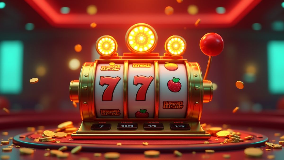 Animated fruit-style slot machine with glowing bonus wheels