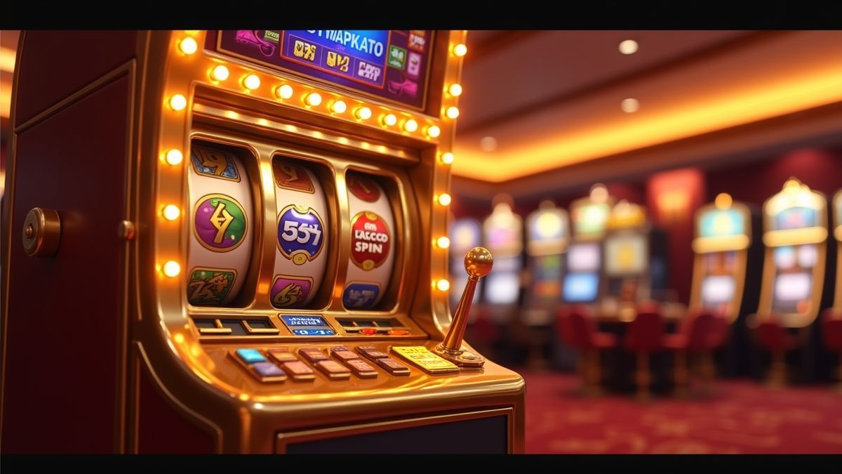 Animated slot machine with jackpot glow and spinning wheels