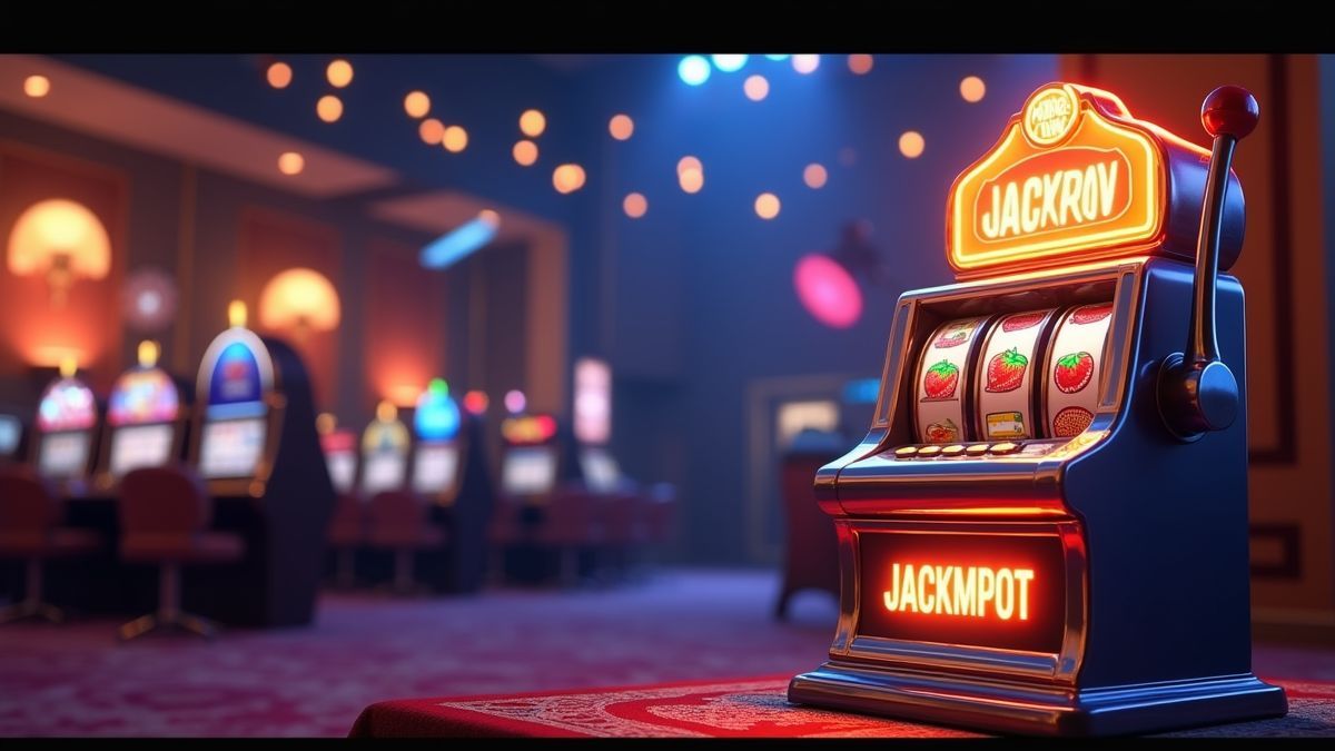 Animated fruit slot machine beside a glowing progressive jackpot