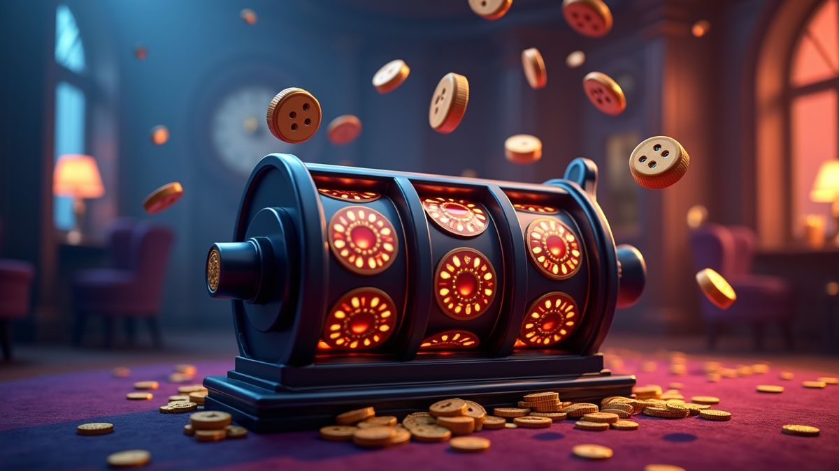 Animated dice-themed slot machine in a glowing casino setting