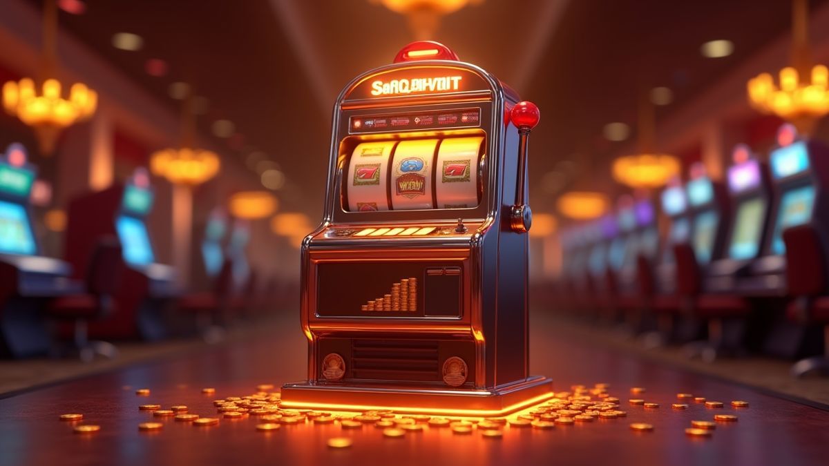 Animated standalone slot machine with a small glowing jackpot meter