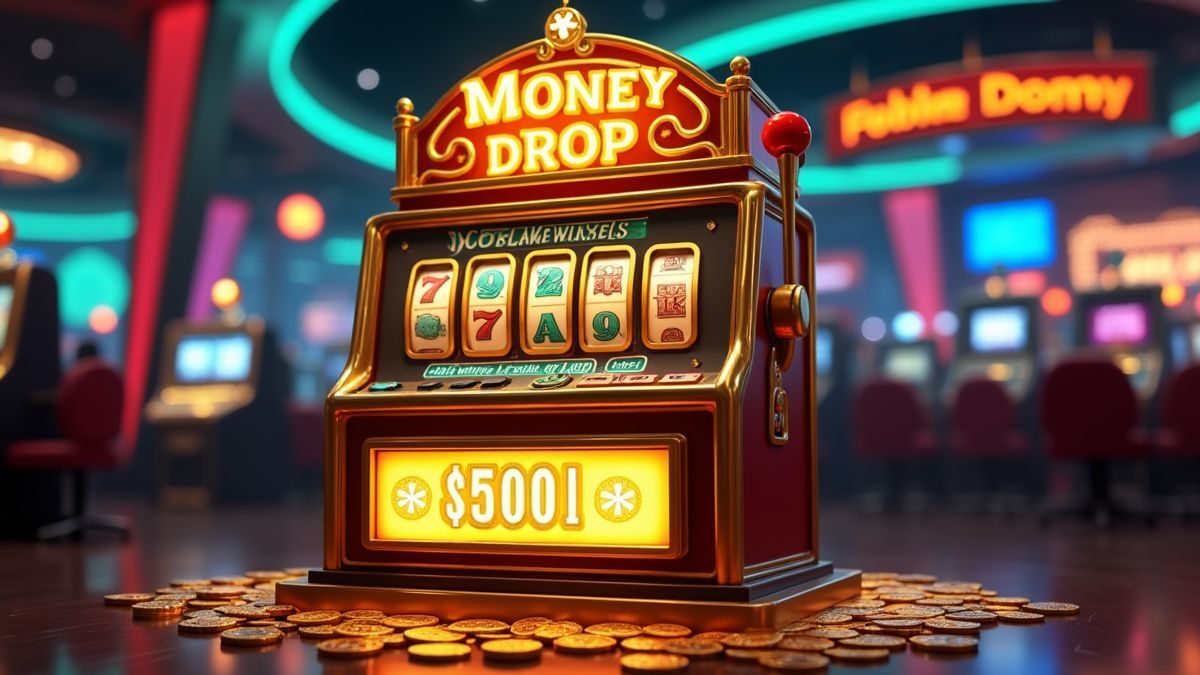 Animated Money Drop slot machine glowing in a casino