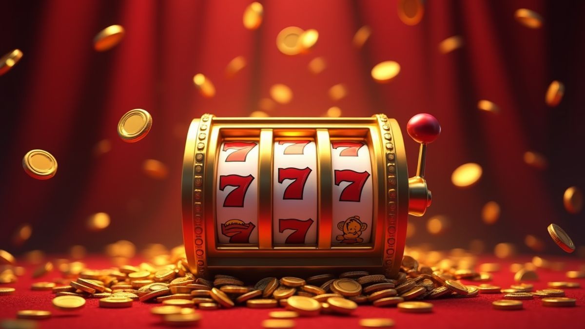 Animated casino slot machine surrounded by jackpot coins