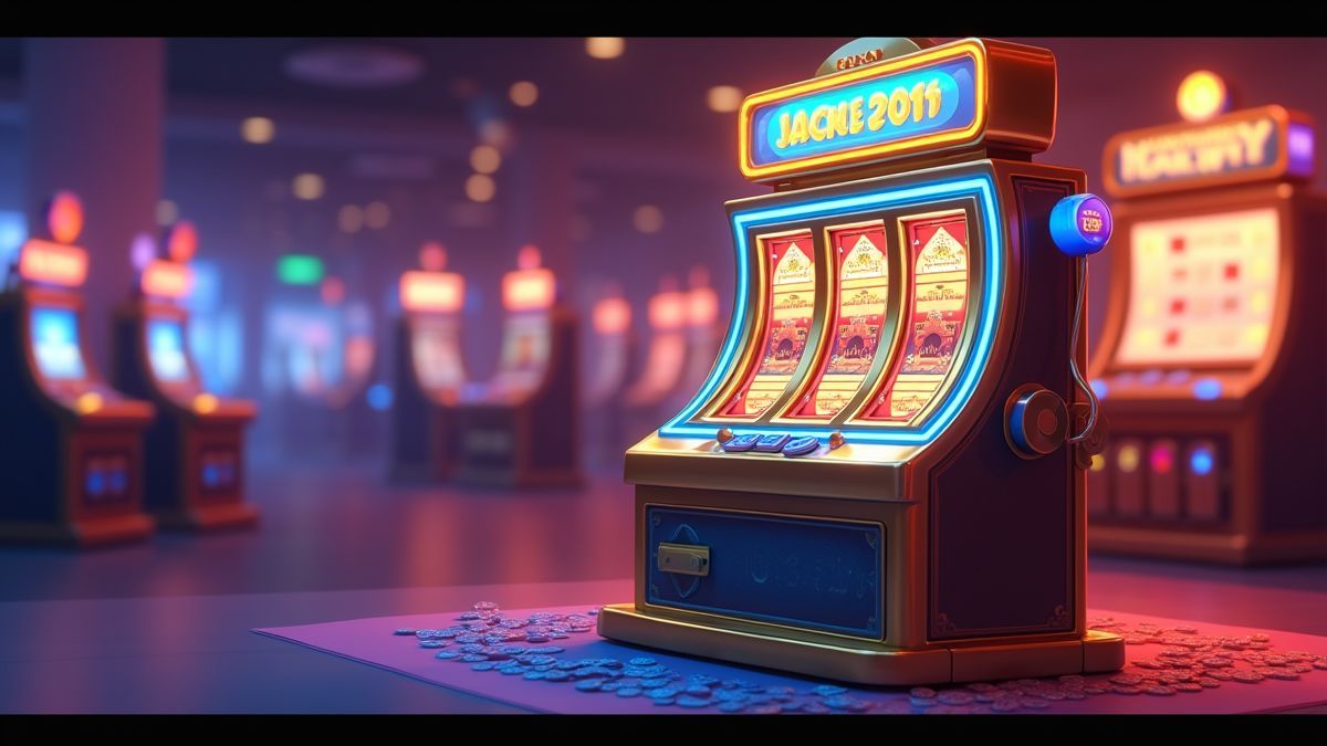Animated Rapid Rush progressive jackpot slot machine in a bright casino setting