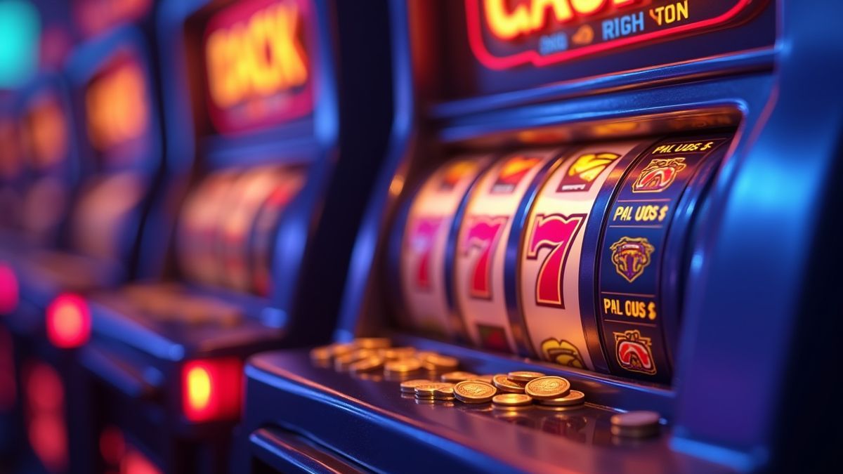 Animated slot cabinet with glowing progressive jackpot lights and coins